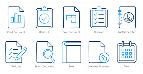 A set of 10 ui icons as chart document, done list, excel document