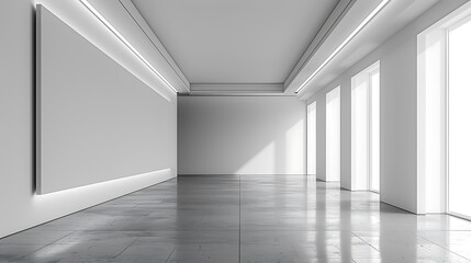 Obraz premium A minimalist gallery space with white walls, a concrete floor, and large windows. The space is bathed in natural light, creating a bright and airy atmosphere.