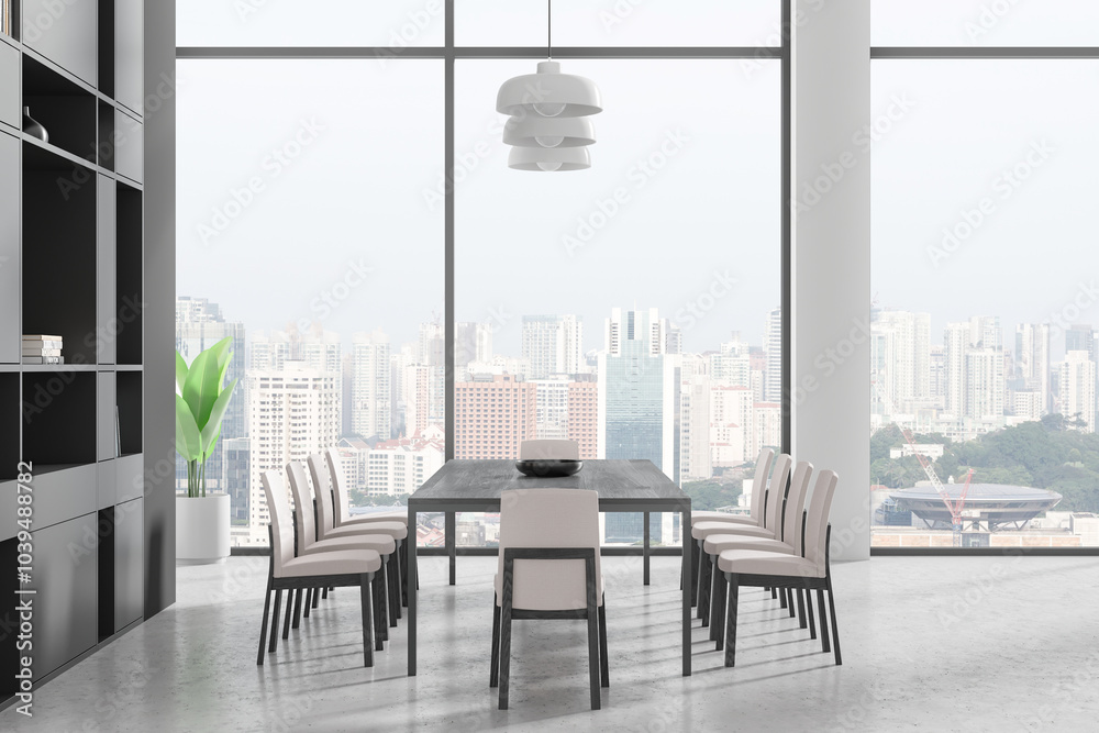 Wall mural Modern office meeting room with large windows and city view. 3D Rendering