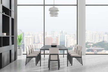 Modern office meeting room with large windows and city view. 3D Rendering
