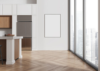Luxury home kitchen interior with bar counter and window. Mockup poster