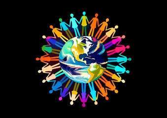 Obraz premium Illustration of teamwork around the world. People around the globe.