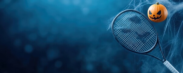 Tennis racket with a Halloween pumpkin, blue smoky background.