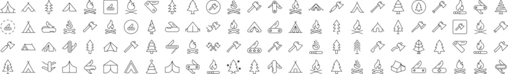 Bonfire, Axe, Tent, Tree, Knife Outline Icon Collection. Editable Stroke. Perfect for Infographics, Articles, Books, Flyers, Banners