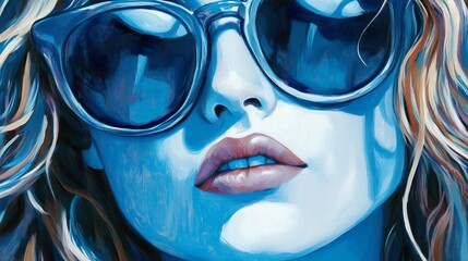  A painting of a woman in sunglasses, her long blonde hair flowing in the wind, eyes hidden behind blue shades