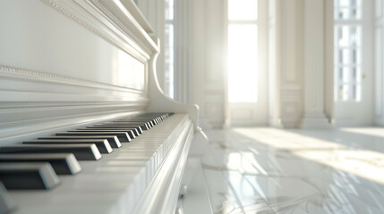 Fototapeta premium A white grand piano sits in a bright, airy room. The sunlight streams in through the windows, illuminating the gleaming keys.