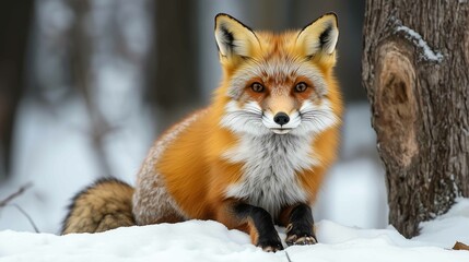 Obraz premium Fox in green forest. Cute Red Fox, Vulpes vulpes, at forest with flowers, moss stone. Wildlife scene from nature. Animal in nature habitat. Fox hidden in green vegetation. Animal, green environmen