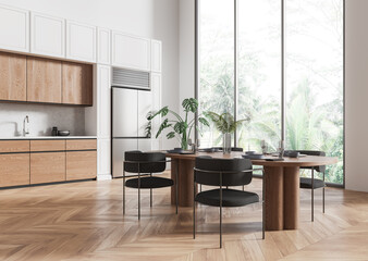 Modern kitchen and dining area with large windows and natural light. 3D Rendering