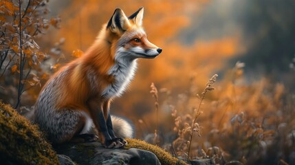 Fox in green forest. Cute Red Fox, Vulpes vulpes, at forest with flowers, moss stone. Wildlife scene from nature. Animal in nature habitat. Fox hidden in green vegetation. Animal, green environmen