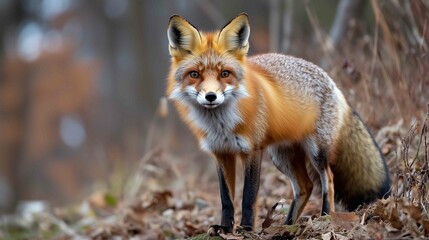 Fototapeta premium Fox in green forest. Cute Red Fox, Vulpes vulpes, at forest with flowers, moss stone. Wildlife scene from nature. Animal in nature habitat. Fox hidden in green vegetation. Animal, green environmen