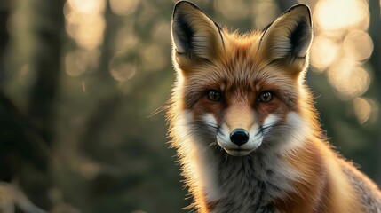 Fototapeta premium Fox in green forest. Cute Red Fox, Vulpes vulpes, at forest with flowers, moss stone. Wildlife scene from nature. Animal in nature habitat. Fox hidden in green vegetation. Animal, green environmen