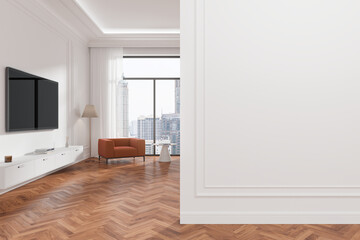 Cozy home living room interior with armchair and tv display, window. Mockup wall