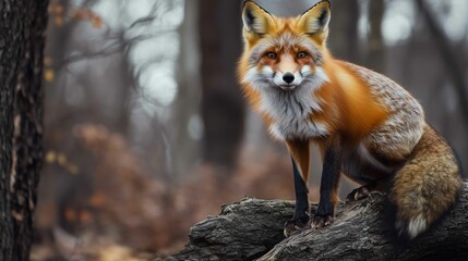 Fototapeta premium Fox in green forest. Cute Red Fox, Vulpes vulpes, at forest with flowers, moss stone. Wildlife scene from nature. Animal in nature habitat. Fox hidden in green vegetation. Animal, green environmen