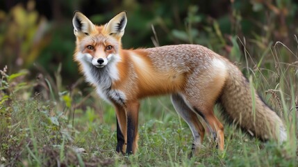 Fototapeta premium Fox in green forest. Cute Red Fox, Vulpes vulpes, at forest with flowers, moss stone. Wildlife scene from nature. Animal in nature habitat. Fox hidden in green vegetation. Animal, green environmen