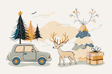 Naklejka premium Charming Winter Wonderland Scene with Car, Reindeer, and Christmas Trees