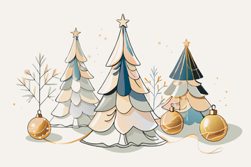 Whimsical Christmas Trees with Elegant Ornaments Illustration