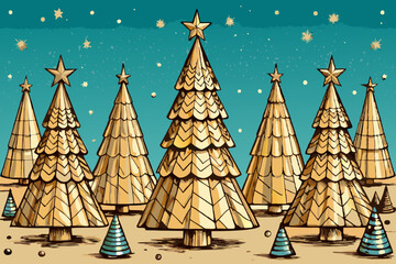 Whimsical Illustrated Winter Forest Scene with Golden Christmas Trees