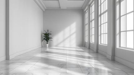 Fototapeta premium A minimalist room with white walls and a marble floor. Sunlight streams through the windows, casting long shadows on the floor. A small plant adds a touch of green to the otherwise stark space.