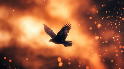 Silhouette of a flying bird against a fiery sky