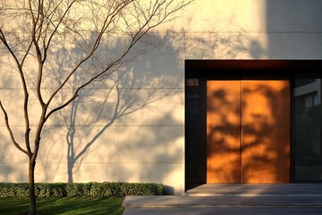 A modern entrance featuring a sleek wooden door, with soft shadows cast by a nearby tree against a minimalist wall.