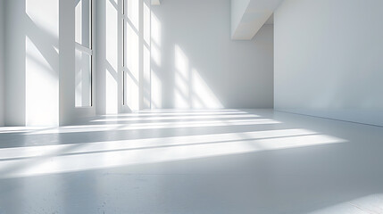 Obraz premium Sunlight streams through large windows in a minimalist white room, casting long shadows across the floor. The clean lines and bright light create a sense of spaciousness and tranquility.