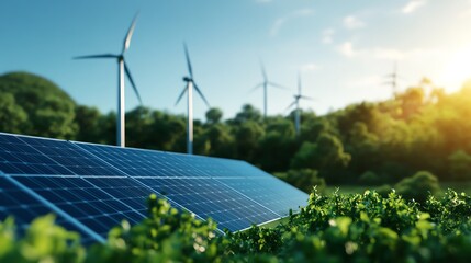 Solar panels surrounded by greenery with wind turbines in the background, showcasing renewable energy solutions.