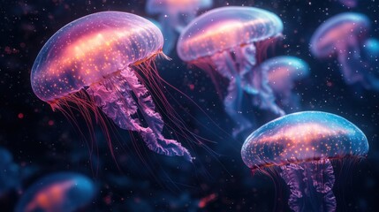 Naklejka premium Ethereal jellyfish floating in a vibrant underwater scene.