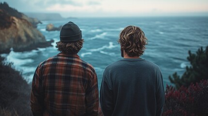 Fototapeta premium Two friends stand by the ocean, gazing at the waves under a cloudy sky, showcasing friendship and nature's beauty.
