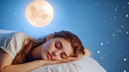Beautiful woman sleeping in bed. Full moon background. World Sleep Day. Rest and relax. Horizontal banner. Copy space. Awareness about importance of sleep and insomnia problem