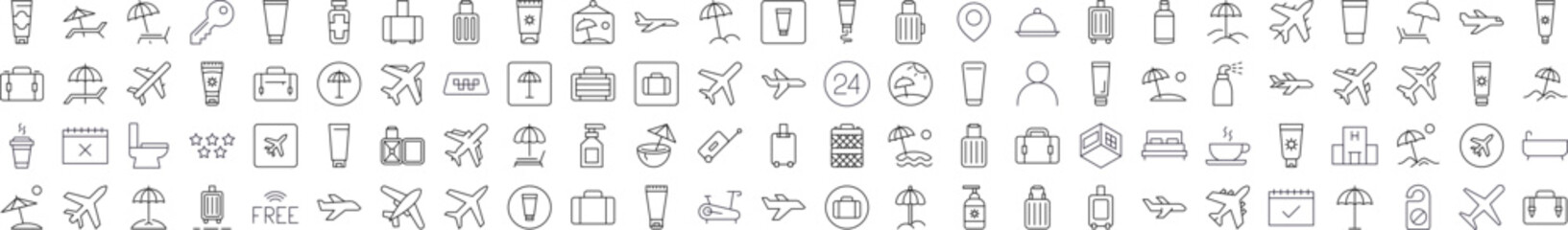 Travel Related Outline Image Set. Contains Icons of Sunscreen, Umbrella, Baggage, Fitness, Plane for Banners, Infographics, Books, Articles and Other Types of Design