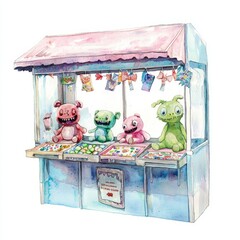 watercolor painting of a game booth where kids win prizes like stuffed monsters and candy, on isolated white background