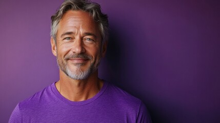 Fototapeta premium A man with a mustache and gray hair is smiling at the camera. He is wearing a purple shirt
