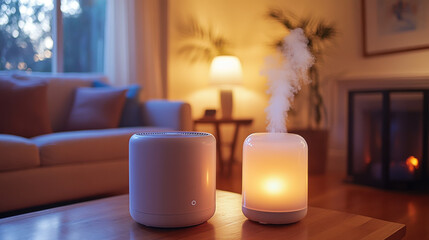 Cozy living room with a steam humidifier and sunset glow in a modern home
