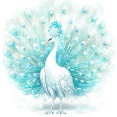 Fototapeta premium A beautifully illustrated white peacock with vibrant blue and green feathers.