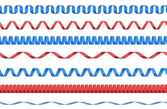 Seamless serpentine borders. Festive ribbons. Curved lines. Holiday decorations. Confetti spirals. Anniversary strings. Birthday accessories. Festive and events design elements vector set