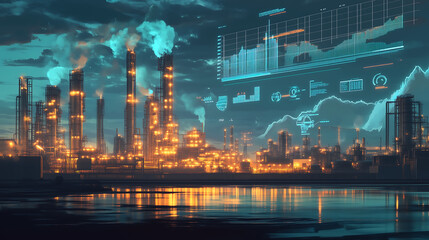 a factory, with financial charts and figures projected in the sky above, representing robust financial results