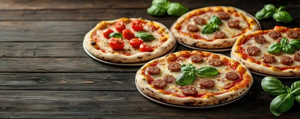 Freshly baked pizzas with basil and tomatoes on wooden table.