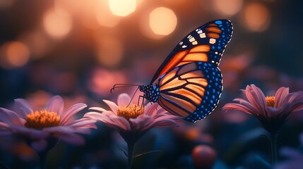 A monarch butterfly with orange and black wings rests on a pink flower, surrounded by other pink flowers, during a golden hour sunset.