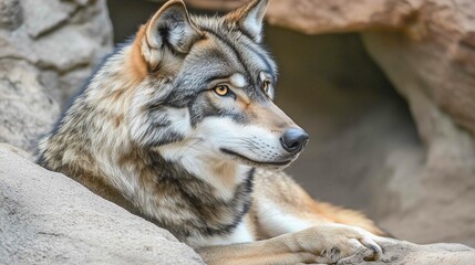 Portrait of grey wolf in the forest
