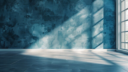 Naklejka premium A minimalist room with a large window and a textured teal wall. The sunlight casts long shadows across the floor, adding a touch of drama to the space.