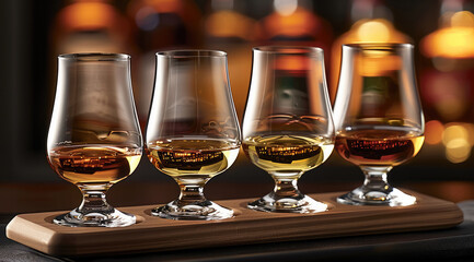 Four glasses on an elegant wooden whiskey flight board, filled with different types of Scotch whiskies, bottles in the background, a black tablecloth.