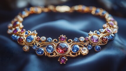 Vintage gold necklace with baroque ornamentation and gemstone settings resting on a satin cloth in a highend jewelry shop with a sophisticated ambiance