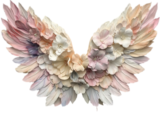 3D floral angel wings with pastel colors, isolated on white background