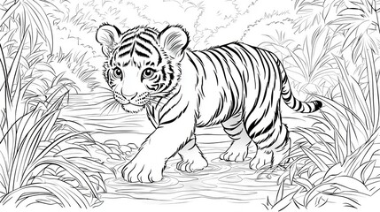 Obraz premium Coloring page of baby Tiger Walking Through Dense Jungle Scene