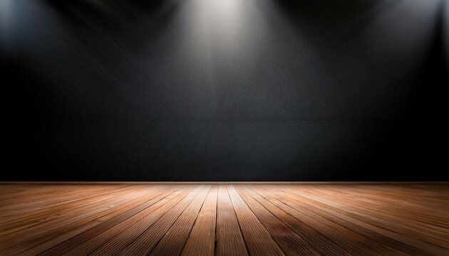 Abstract spacious showroom with dark wall for copyspace, wooden floor and spot light from above.