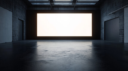 A bright white screen glows in a dark room with concrete floors and black walls. This image is perfect for presenting ideas or showing off designs.