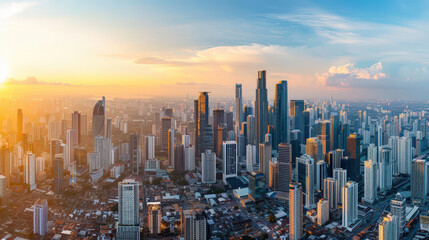 Fototapeta premium sprawling city filled with skyscrapers and urban architecture, showcasing vibrant skyline at sunset. warm hues of sky create stunning backdrop for modern buildings