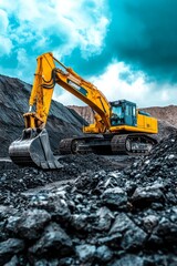 Coal mining in an open pit. Mining excavator loads coal in haul truck in quarry. Excavator digging in an open pit coal mine. Tipper truck hauling minerals from open-pit. Heavy machinery in opencast.