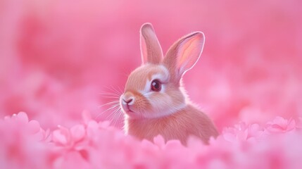 Adorable bunny in pink floral field