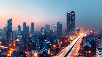 Fototapeta premium sprawling metropolis with sleek skyscrapers and vibrant city lights at dusk, showcasing dynamic energy of urban life. skyline reflects modern architecture and bustling streets